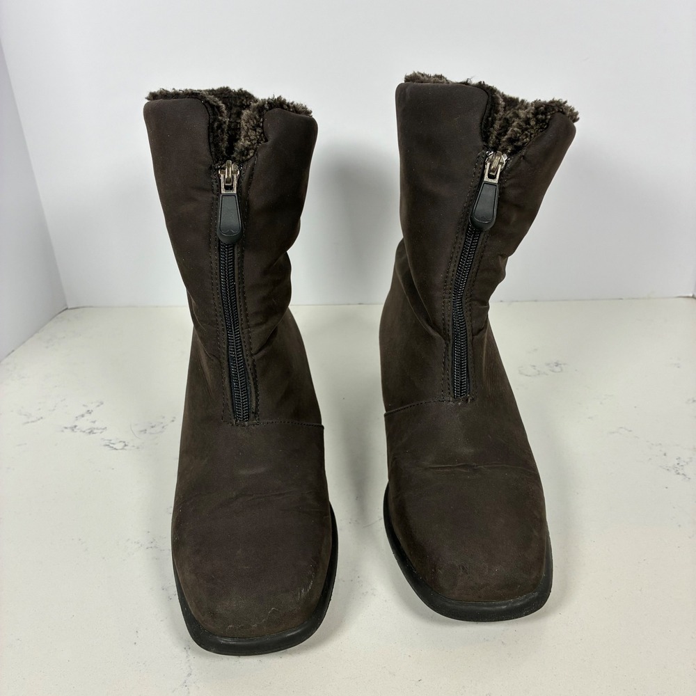 Toe Warmers Boots 10N Brown Front Zip Faux Fur Winter Wedge Canada Cozy Mid-Calf